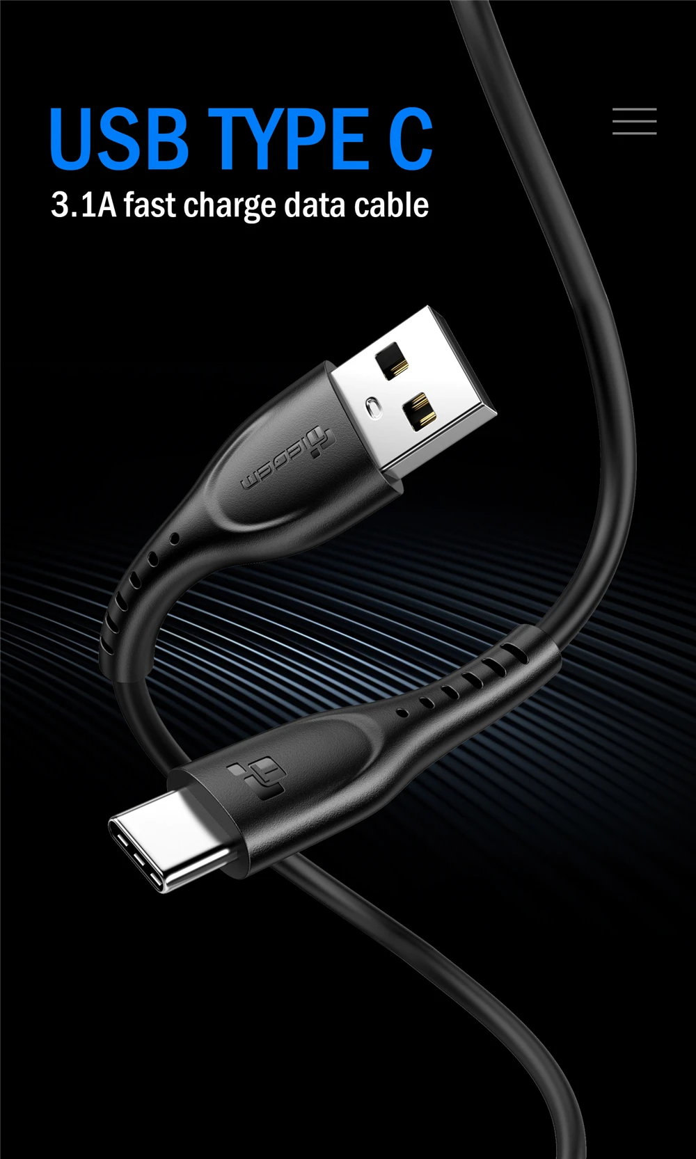 TIEGEM usb type-C кабель 3,1 а высокопрочный TPE USB C кабель для быстрой зарядки для samsung Galaxy S9 S8 Note 9 для Xiaomi 8 huawei P9