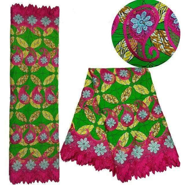 

6Y/pc Good looking leaf design Hollandais printed wax green Nigerian Super wax with beads and african fuchsia cord lace LBL1-1