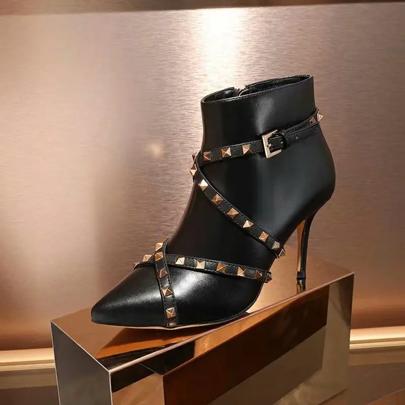 Женская обувь обувь женские кожаные ботильоны на высоком каблуке с заклепками с перекрестной шнуровкой ботинки челси botas mujer женские ботинки - Цвет: as pic