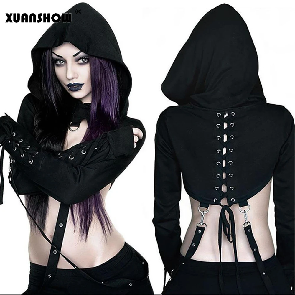 

XUANSHOW Women's Clothes Crop Hoodies Cotton Back Hole Lacing Long Sleeve Darkness Gothic Harajuku Hooded Sweatshirts Bluzy