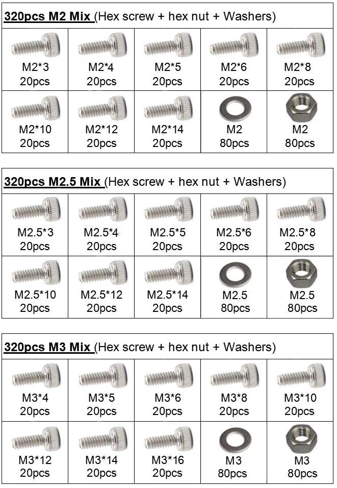 320 шт./компл. DIN912 M2 M2.5 M3 304 Нержавеющая сталь с шестигранной головкой Кепки винты велосипедные болты с шестигранной головкой, соответствующие стандартам Американского общества по Ассортимент Комплект