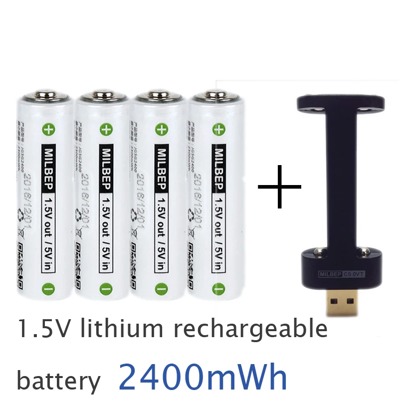 

4PCS 1.5V AA lithium polymer rechargeable battery 2400mwh + usb charger 2A li-ion cell replace Ni-Mh type for camera toys use