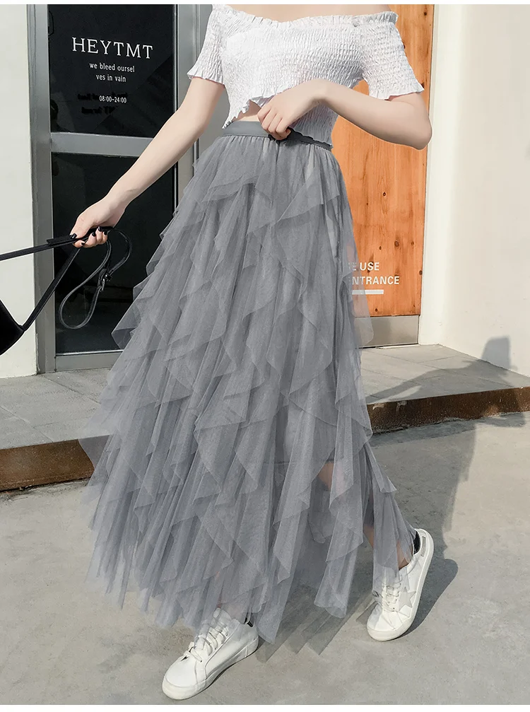 Сладкая принцесса оборками сетки юбки для женщин для 2019 Эластичный Высокая Талия бальное платье Тюлевая юбка длинная юбка-пачка женский Jupe