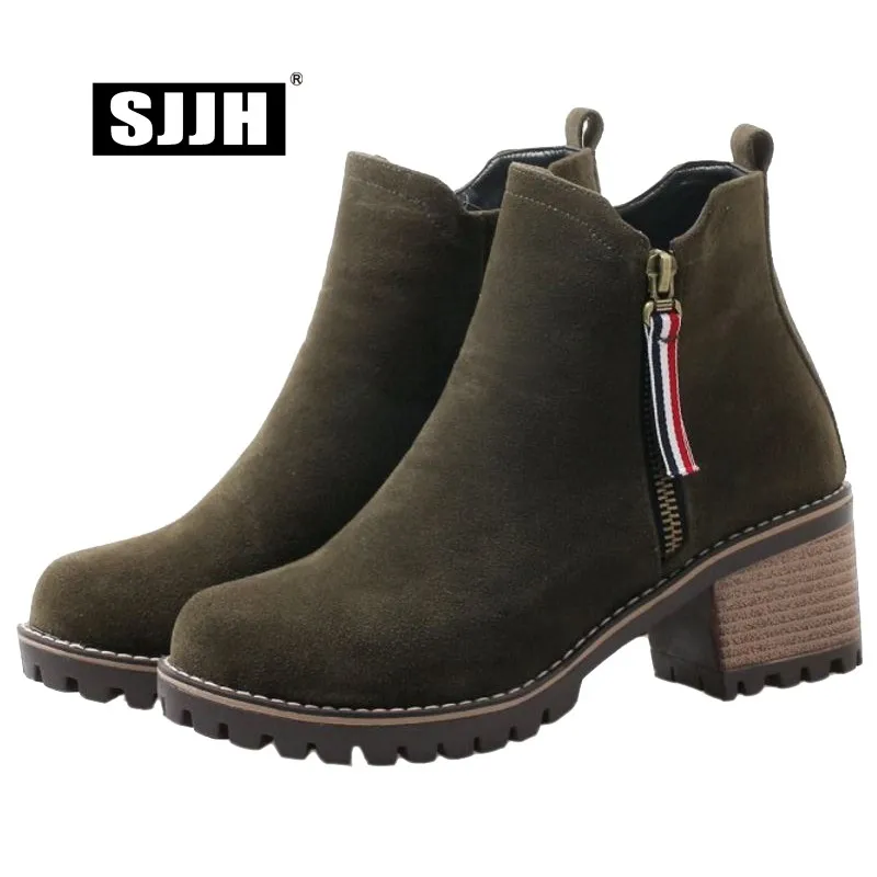 SJJH Женские ботинки Мартин с круглый носок коренастый Zip Faux Suede зима Короткие