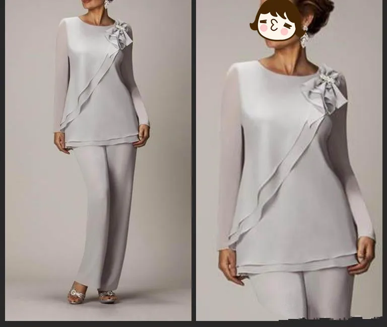 

Two Pieces Mother Of The Bride Pants Suit For Weddings Cheap Chiffon Long Sleeve Outfits Formal mother of the bride dresses 2019