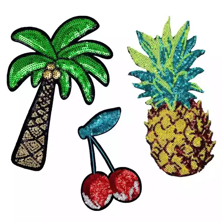 

2019 New Pineapple Coconut Tree Cherries Sequined Patch for Clothes Iron on Patches Fruit Cherry Sequins Embroidery Applique 2PC