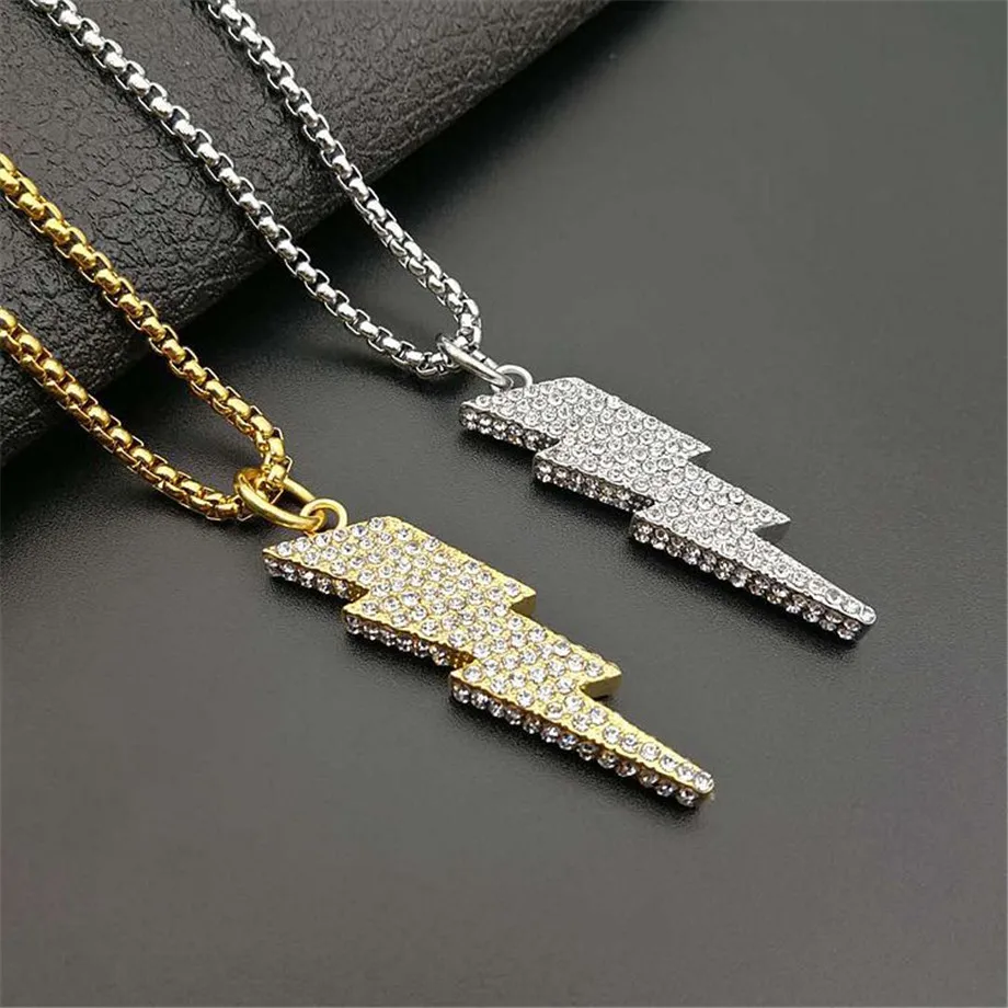 

Hip Hop Iced Out Bling Lightning Pendants with Stainless Steel Chain For Women And Men Gold Color Hippie Necklace Dropshipping