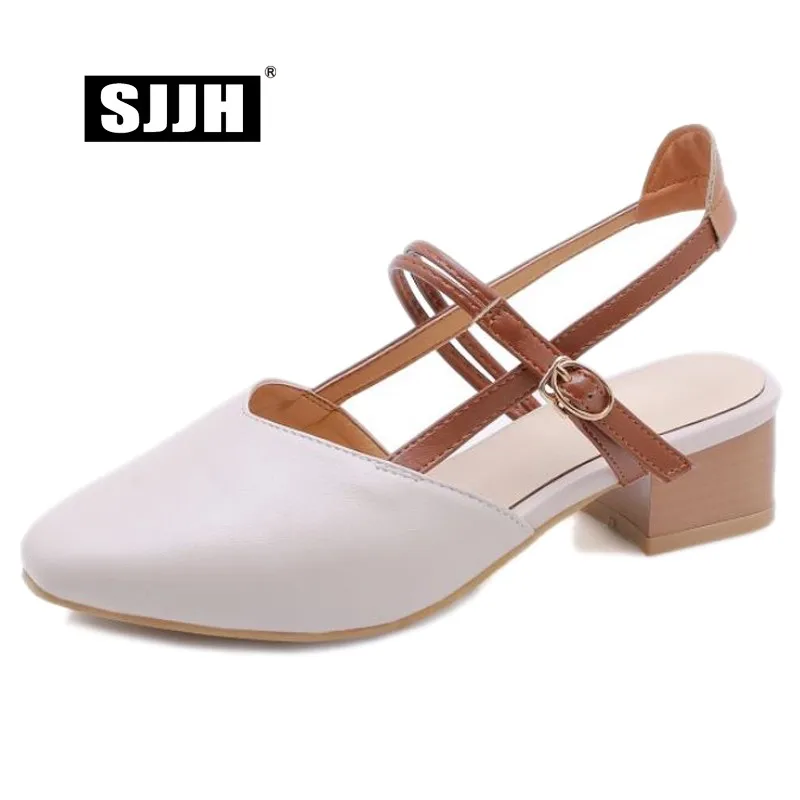 SJJH Woman Roman Sandals with Chunky Heels and Square Toe Buckle Strap Comfortable Footwear Casual Fashion Shoes D746
