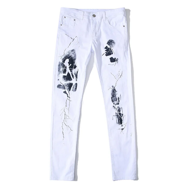 Newsosoo 3D печатных белый мужские джинсы в байкерском стиле освещение человек Slim Fit повседневное джинсовые мотобрюки печатных обтягивающие