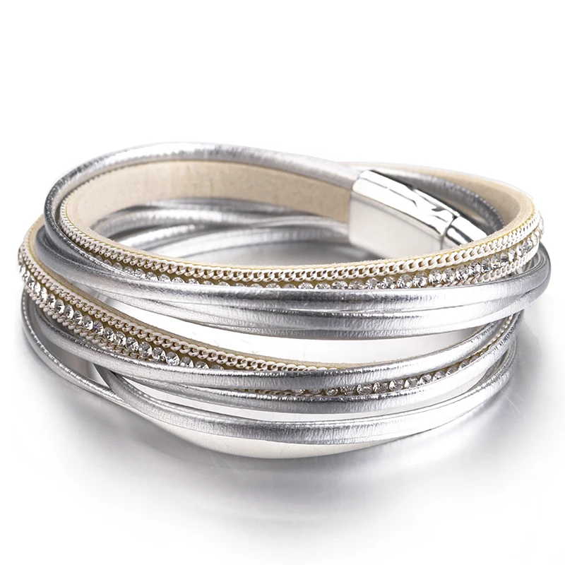 ALLYES Multilayer Leather Bracelets Women Men Femme 6 Colors Magnet Clasp Crystal Bohemian Double Wrap Bracelet Jewelry