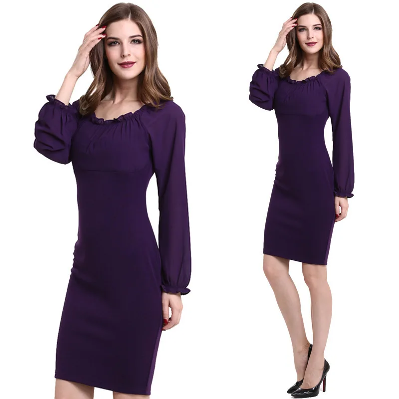 historia Caligrafía Escuela de posgrado Elegante Vintage vestido morado de mujer de manga larga con volantes vestido  de gasa de retazos de gasa elástico Delgado Oficina de Trabajo lápiz  vestidos _ - AliExpress Mobile