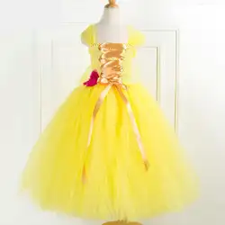 Желтая сетчатая Принцесса Спящая Красавица Аврора Девушка платье дети косплей платье Хэллоуин костюмы для детей девочек Тюль Вечерние