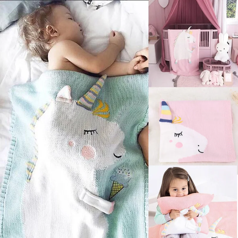 Детское Флисовое одеяло для малышей гамак на детскую кроватку Синий Розовый Единорог 105x75 см