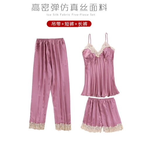 Пижама для леди, 5 шт., сексуальный пижамный комплект, имитация шелка, кружевная майка и шорты, летний халат, одежда для сна, Женская шикарная одежда - Цвет: 939dousha3