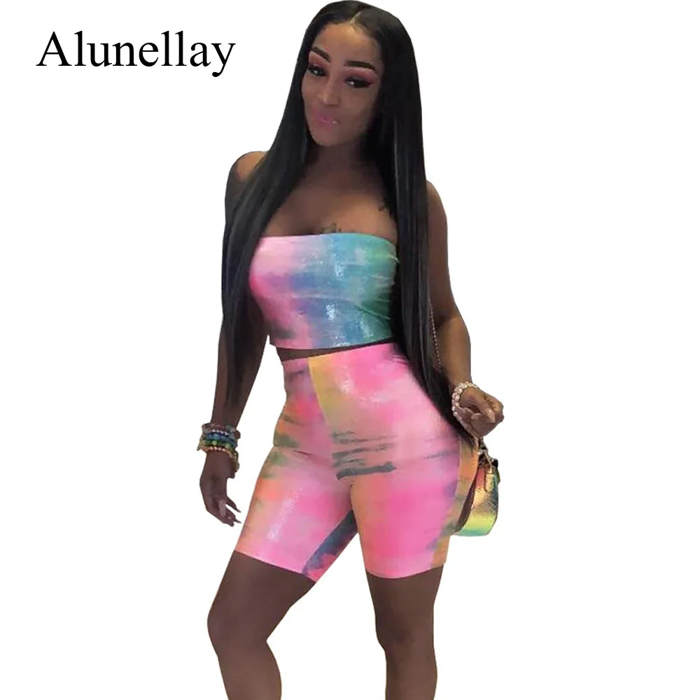 Alunellay Women Sexy 2 Piece Sets Strapless Playsuit Gradient Rainbow Color Bodycon Jumpsuit Women Backless Sleeveless Playsuit