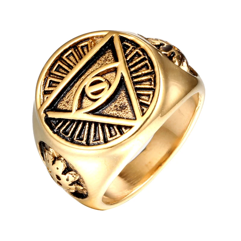 

Punk Gothic Gold Color Titanium Stainless Steel Biker Illuminati Pyramid Eye Symbol Rings for Men Jewelry VR010