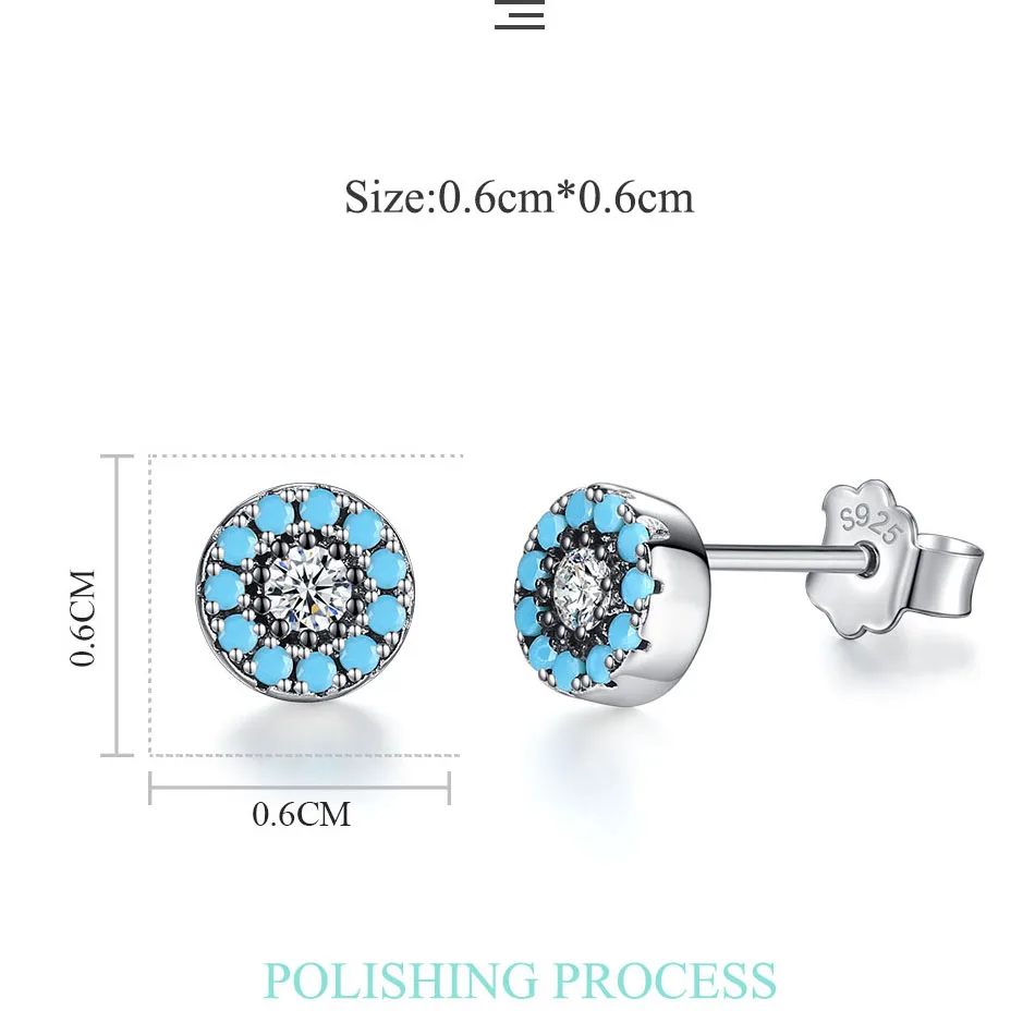 ELESHE 925 Sterling Silver Blue Eye Round Stud Earrings with CZ Zirconia Earrings for Women Fashion Lucky Jewelry 2018 New