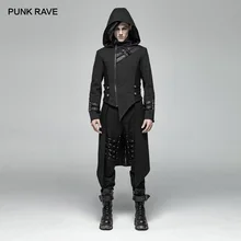 PUNK RAVE Mens Punk Jackets and Coats Mid-length Split Hooded Jackets Gothic Performance Personality Jacket  Men Trench Coat