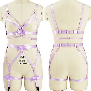 

Romantic Purple Chest Bondage Body Harness Bra Garter Belt Set Sexy Elastic adjust Strappy Lingerie Festival Clothing for Women