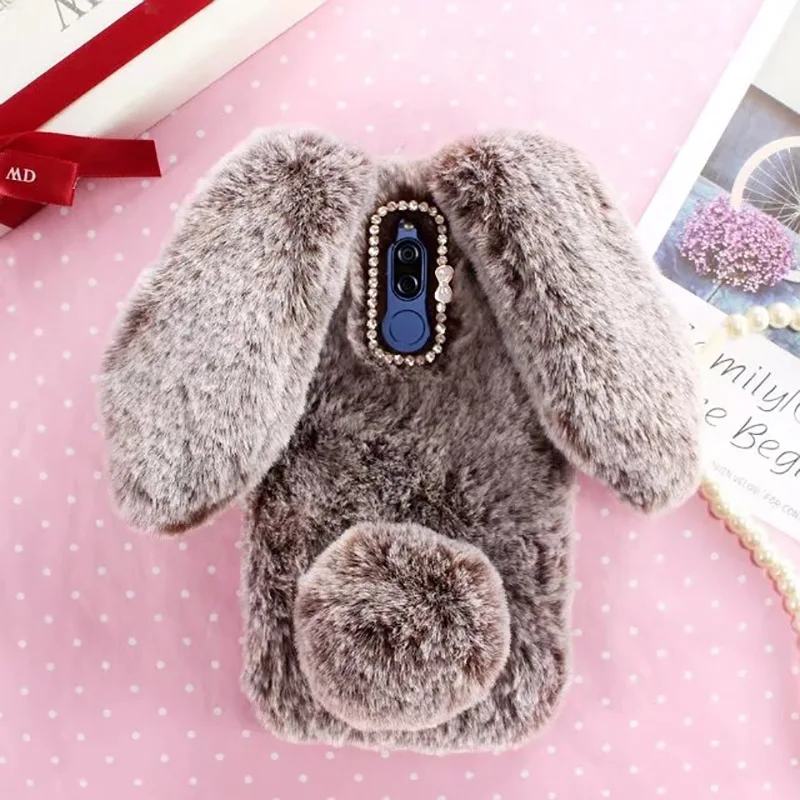 Плюшевый чехол с кроликом для Nokia 7,1 мягкий мех милый 3D уши кролика ТПУ бриллиантовый пушистый чехол для телефона - Цвет: Коричневый