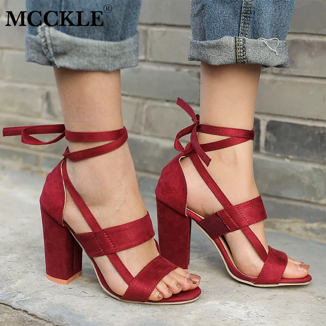 MCCKLE Women Sandals Ankle Strap High Heels Ladies Summer Shoes Elastic Band Ankle Cross Strap Female Square Heels For Woman