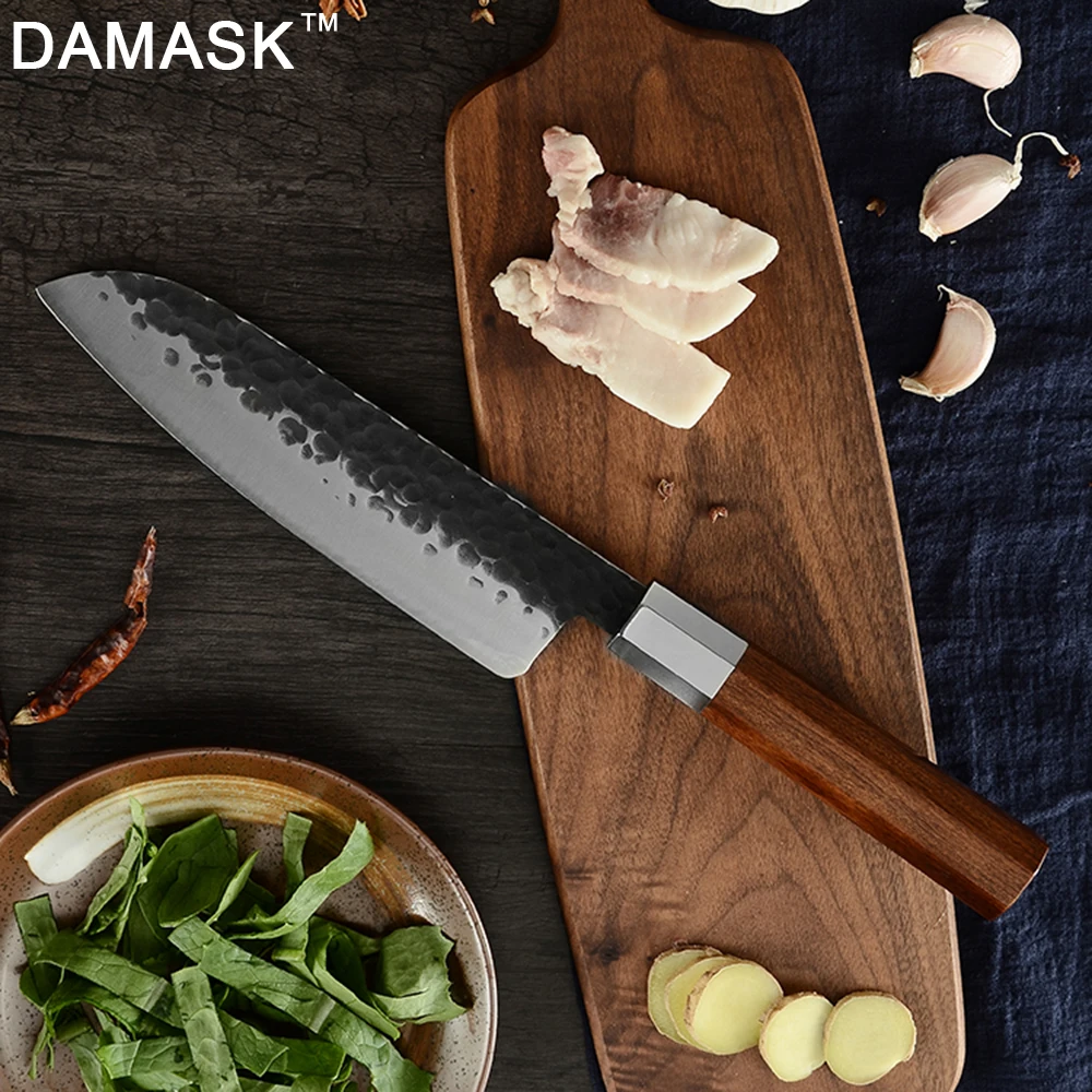 Дамасский японский нож Santoku из высокоуглеродистой нержавеющей стали, кухонный нож Santoku, кухонные ножи, бритва, острое лезвие, резак с деревянной ручкой