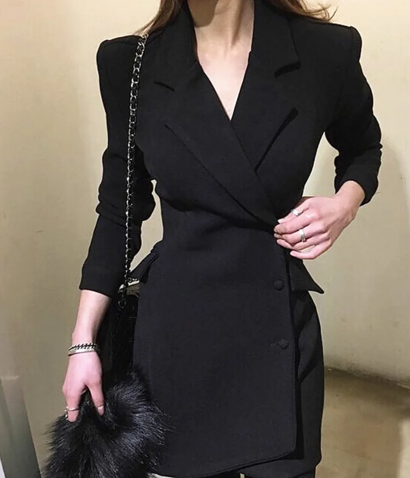 

2019 Office Blazer Black Dress Formal Wear Elegant Women Midi Dress Double Breasted Jacket Suit Spring Sexy Suit Ladies Dresses
