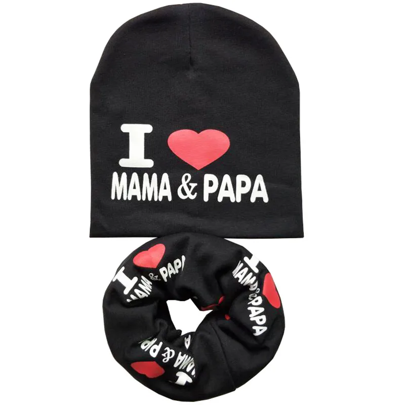 Black MAMA PAPA set Новая осенне-зимняя детская шапка, комплект для мальчиков и девочек, шарф на шею, весенний теплый шейный платок, детские вязаные шапки, комплекты, хлопковая детская шапка, шарф - Цвет: Black MAMA PAPA set