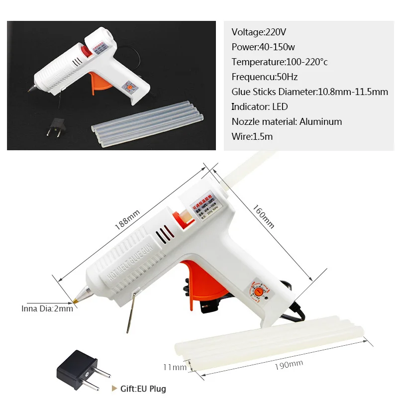 Free Shipping 220V 40-150W Hot Melt Glue Gun Temperature Adjustable Repair Kit Tools With 5 Pcs Glue Sticks Big Size