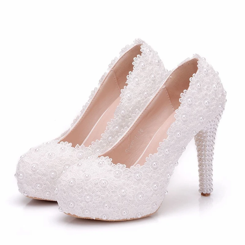 Dropshipping Pearls Crystal Flower Wedding Shoes Bride White Pearls Handmade Proms Dress Platforms Patty Pump Shoes XY-B0314