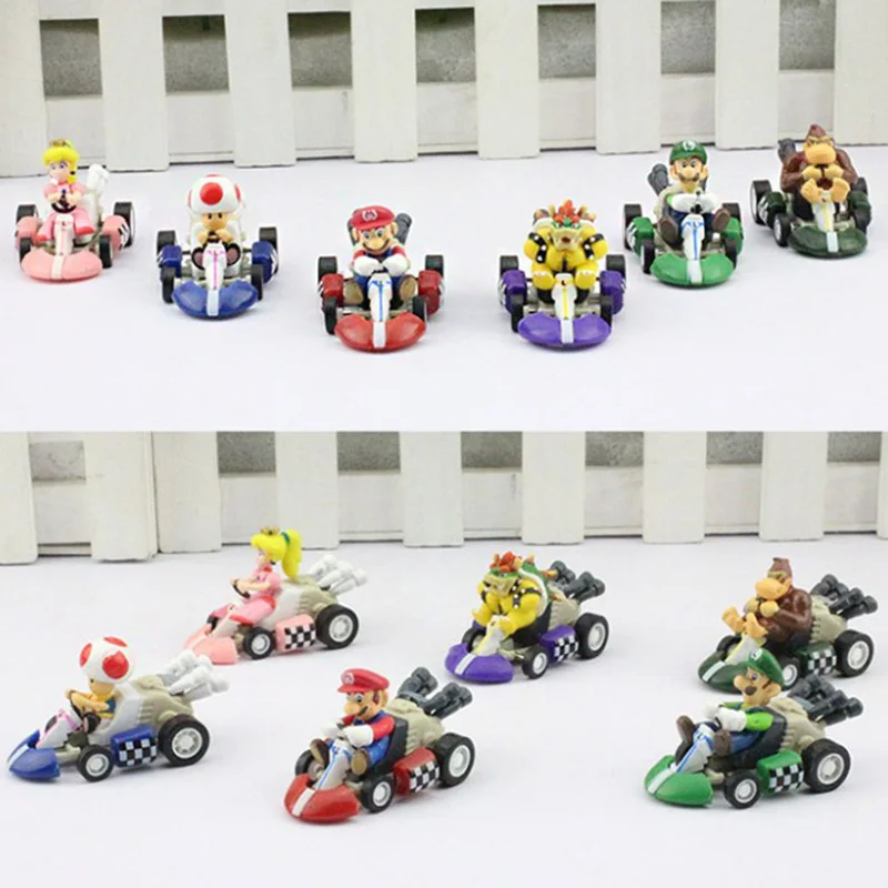6Pcs/Set Super Mario Bros Car Kart Pull Back Cars Yoshi Mario Luigi Koopa PVC Figures Toys Dolls Classic Karts Toy Free Shipping