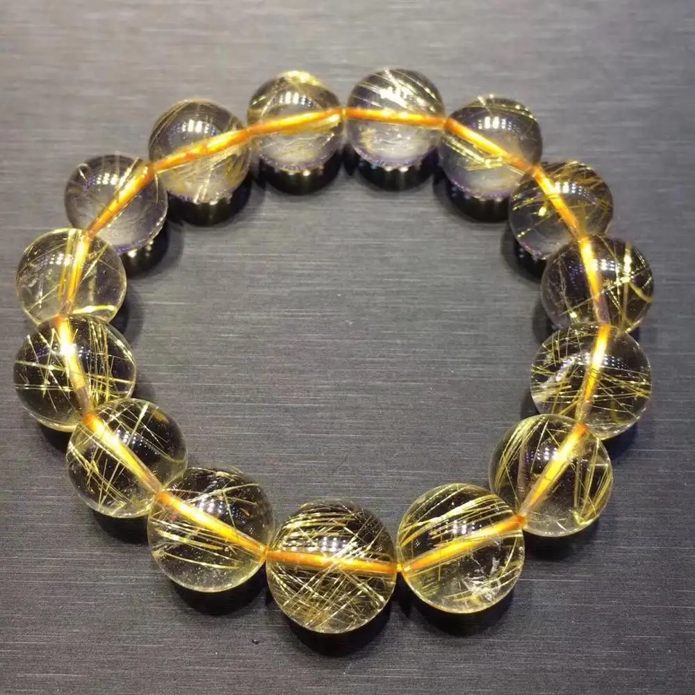 

14mm Genuine Natural Brazil Gold Hair Rutilated Bracelet Round Beads Stretch Women Men Wealthy Gift Luxury Fashion Jewelry AAAAA