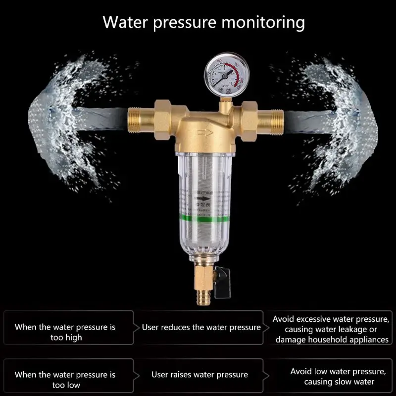 Water Pre Filter System 3/4" 1" Brass Mesh Pre-filter Purifier+ Pressure Gauge+ Reducer Adapter