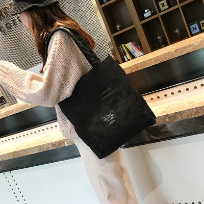 Большая вместительная Женская Вельветовая Сумка-тоут, Женская Повседневная сумка через плечо, складная многоразовая пляжная сумка для покупок - Цвет: Черный