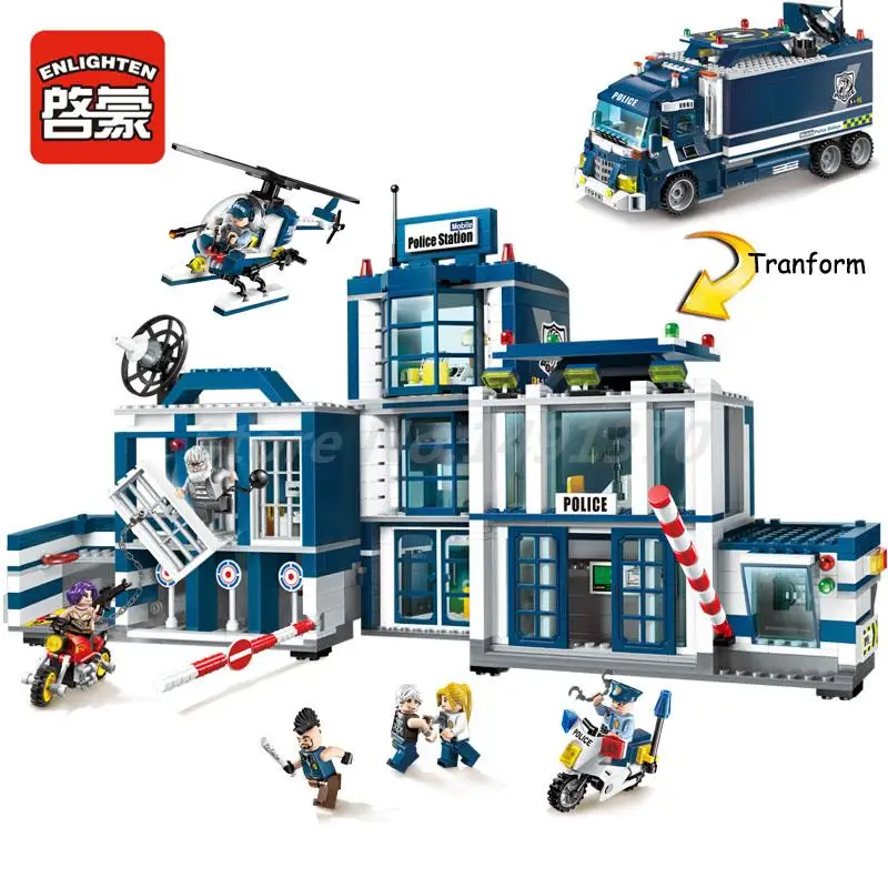 

Enlighten Building Block City Police 2 in 1 Tranform Mobile Police Station 7 Figures 951pcs Educational Bricks Toy For Kids Gift