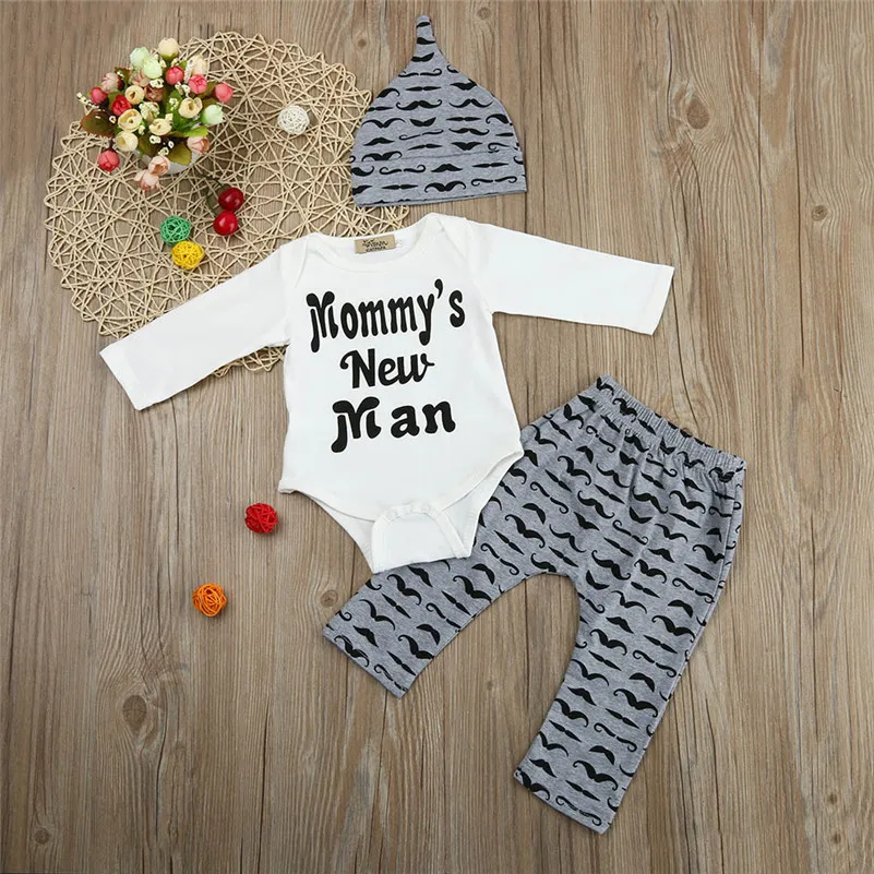 

Winter 2018 kids clothes new style Cute 3PCS Set Newborn Baby Boy Romper Tops +Long Pants Hat Outfits Cloth for baby reborn C3