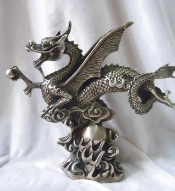 

R0722 Details about China Tibet silver carved swiftly dragon play bead Sculpture statue