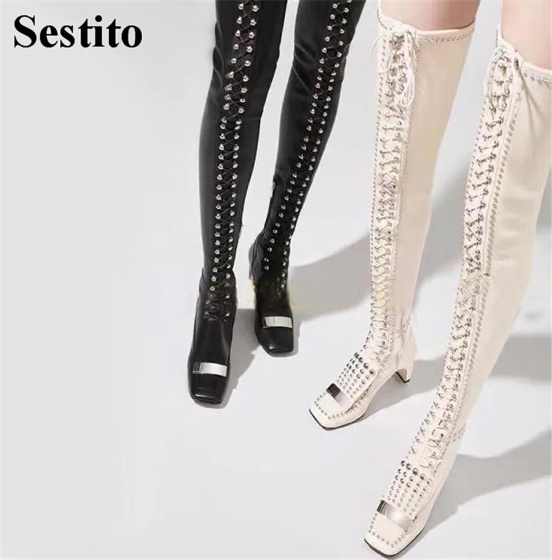 

Fashion Black White Cross-tied Woman Boots Square Toe High Heel Rivet Over-the-Knee Boots Women Strange Style Zip Women Shoes