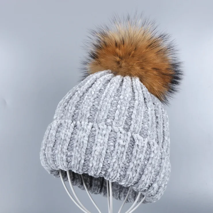 Новые женские зимние шапки из синели, помпоны из натурального меха лисы и норки, винтажные повседневные шапочки в полоску с помпонами - Цвет: Mink Pom gtay hat