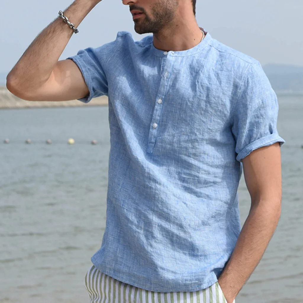 

Feitong Cotton Linen Shirts Men Vintage Solid Blue Black Buttons Short Sleeve Retro Shirts Tops Beach Streetwear Soft Shirts