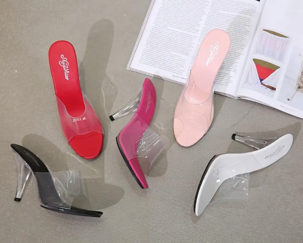 

2019 Women Slippers Peep toe Summer PVC Transparent Shoes Women Sandals Clear Slippers Slides Shallow High Heels 7/10CM Slipper