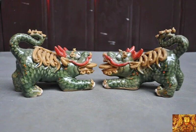 

wedding decoration 6"Chinese Pottery WuCai porcelain Feng Shui Evil Door Guard Fu Foo Dog Lion Pair