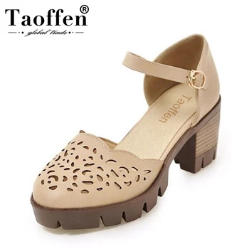 

TAOFFEN 4 Color Size 32-43 Women High Heel Sandals Fretwork Breathable Ankle Strap Sandals Summer Club Shoes Women Footwear