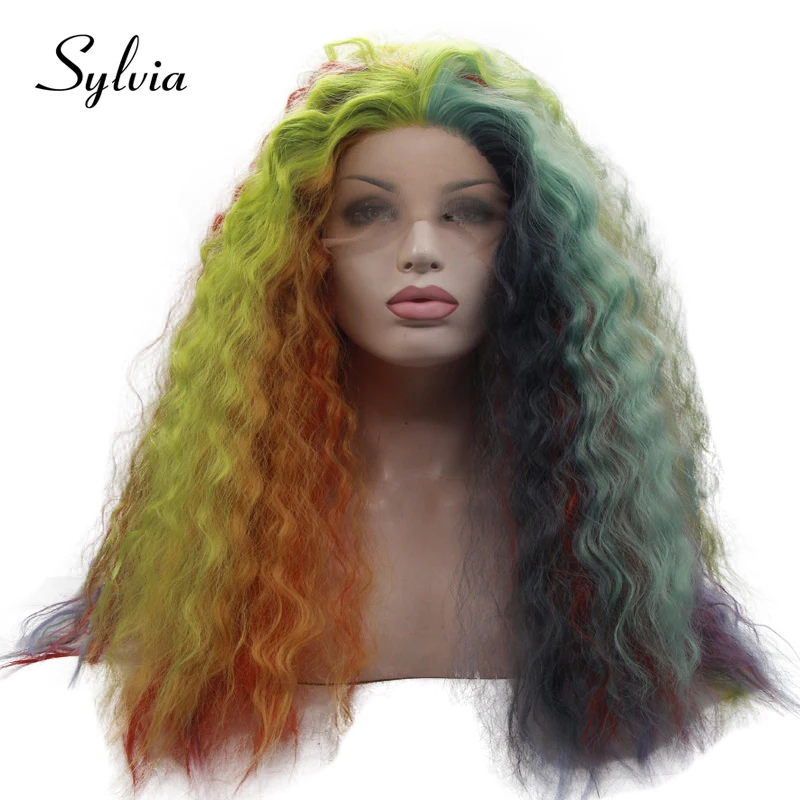 Sylvia Green Red Blue Multi-color Rainbow Curly Synthetic Lace Front Wigs Middle Part Long Heat Resistant Fiber Hair For Women