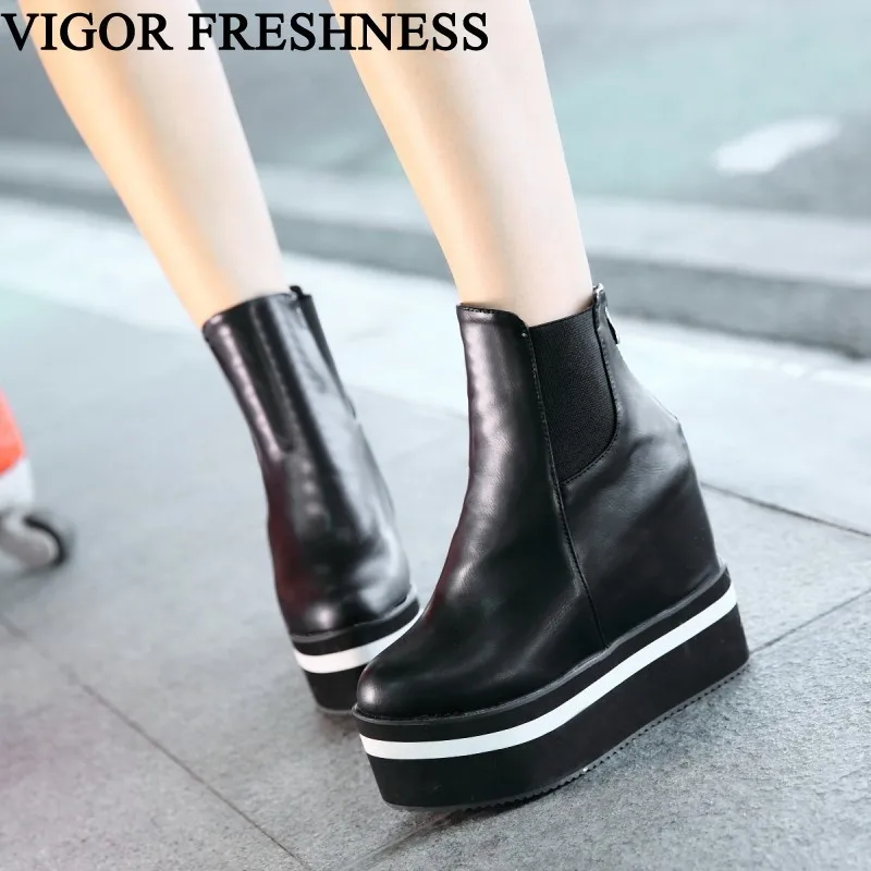 

VIGOR FRESHNESS Women Shoes Increasing Internal Platform Shoes Woman Boots Autumn 11CM Ankle Boots Winter Shoes 46 47 MY100B