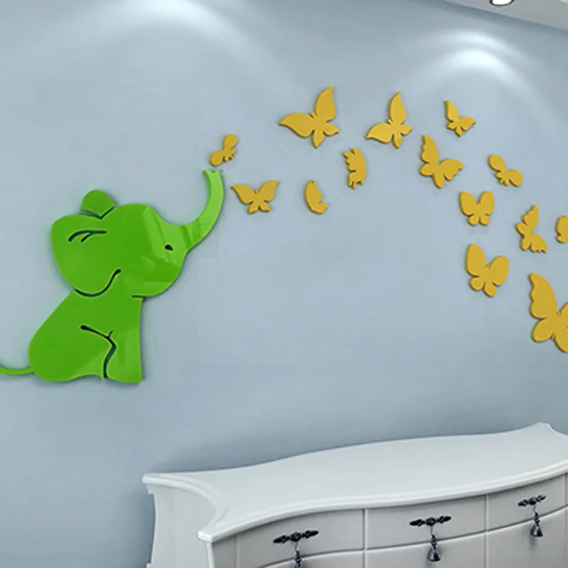 

High Quality 3D Acrylic Stickers Baby Elephant and Butterfly Pattern Sticker Kids Room Kindergarten Wall Decorations