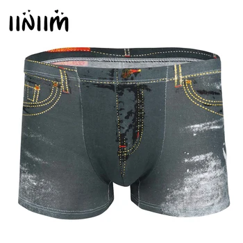 

iiniim New Style Mens Lingerie Fake Jeans Print Denim Breathable Flat Feet Pants Boxer Shorts Underpants Underwear Boxer Men