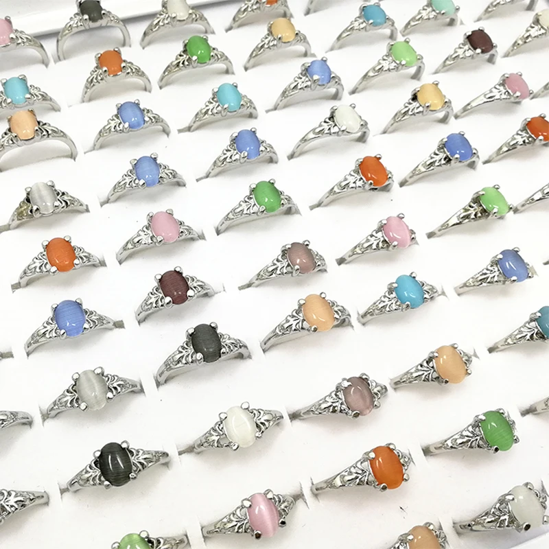 

2019 Fashion Wholesale Lots Bulk Mixed Colorful Cat Eye Opal Stone Rings Jewelry Women Girl Finger Rings
