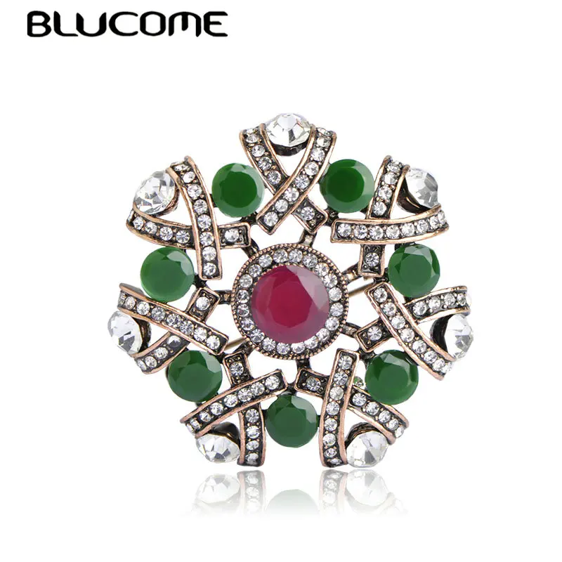 

Blucome Clearance Retro Style Red Stone Round Brooch Pin Full Crystal Alloy Brooches For Women Coat Collar Pins Accessories Gift