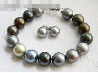 

Wholesale fast SHIPPING >>>> 8'' 12MM Black Coffee Green Blue Gray Round Shell Pearl Bracelet Earring Set